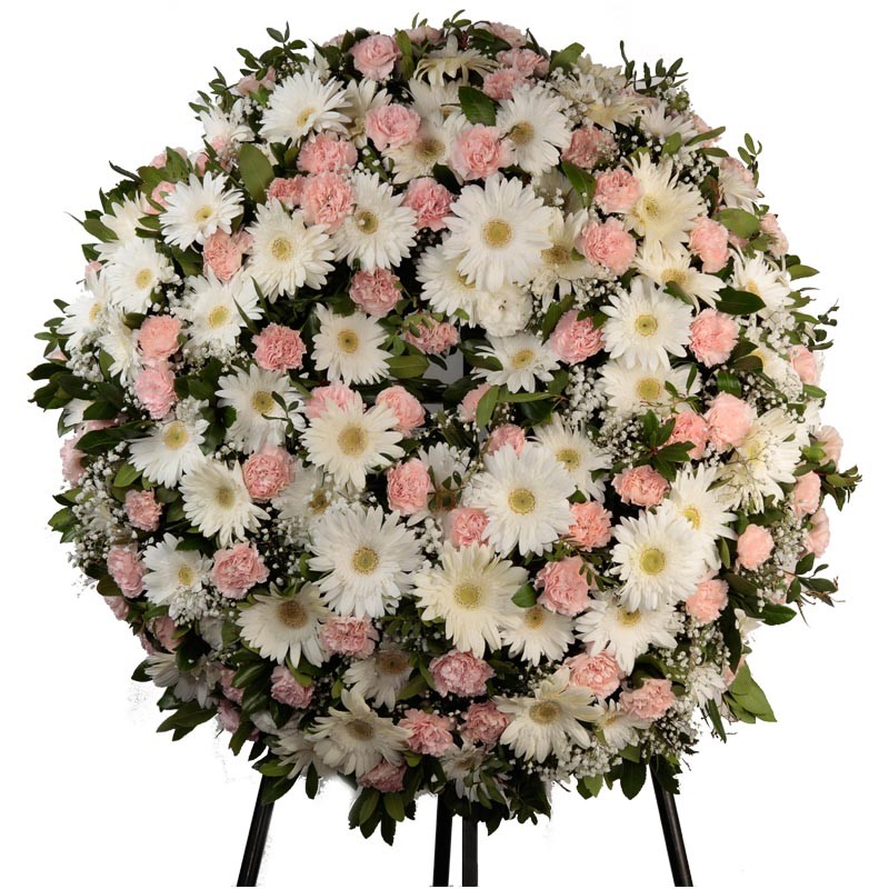 Coroa Fúnebre com flores em tons Rosa e Branco "L"